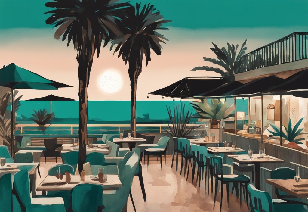 Minimalistisk akvarellillustration av livliga restauranger i Ayia Napa under en skymningshimmel, omgivna av frodiga palmträd.