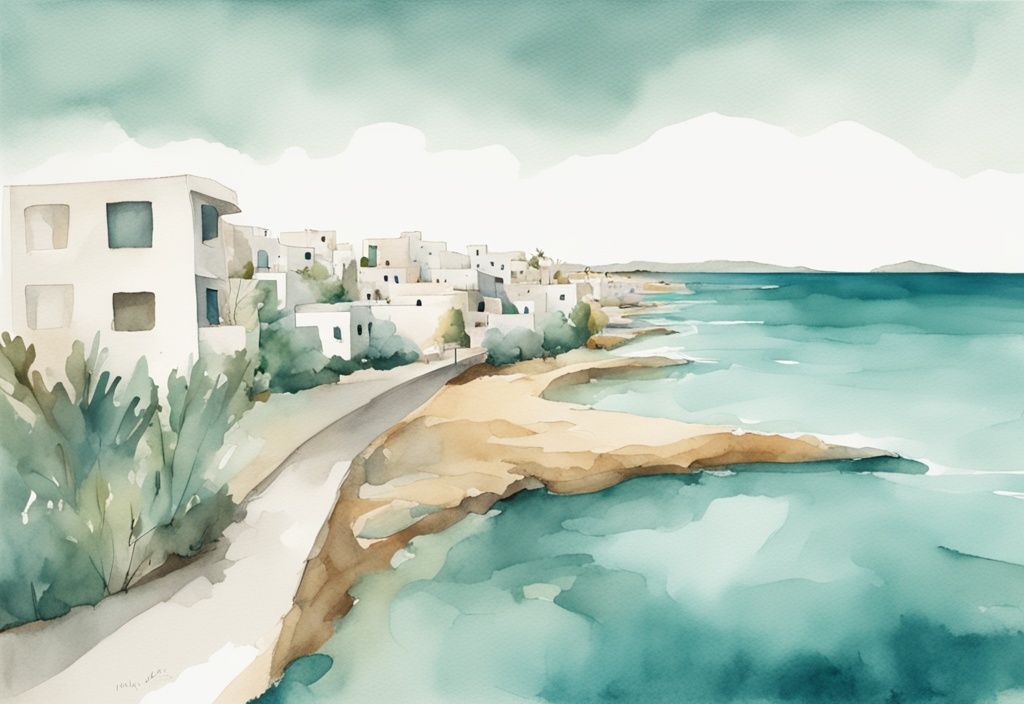 Minimalistisk akvarellillustration av en naturskön rutt mellan Larnaca och Ayia Napa med kustutsikt och landmärken, dominerad av teal färg.