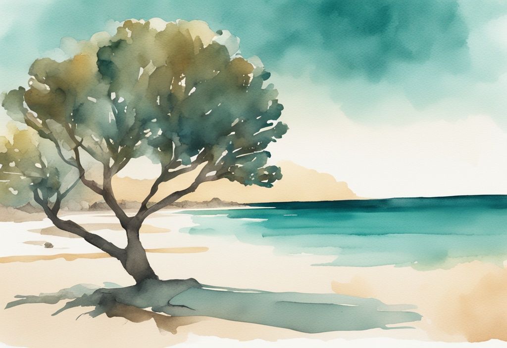 Minimalistisk akvarellillustration av Fig Tree Bay vid solnedgången med turkost vatten, gyllene sandstrand och ikoniskt ensamt fikonträd nära strandlinjen.