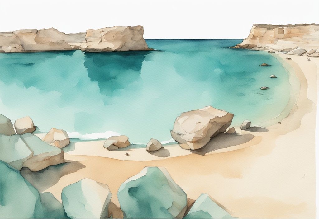 Minimalistisk akvarellillustration av Ayia Napa Nissi Beach med solbelyst sandstrand, kristallklart vatten och ikonisk klippformation i bakgrunden.