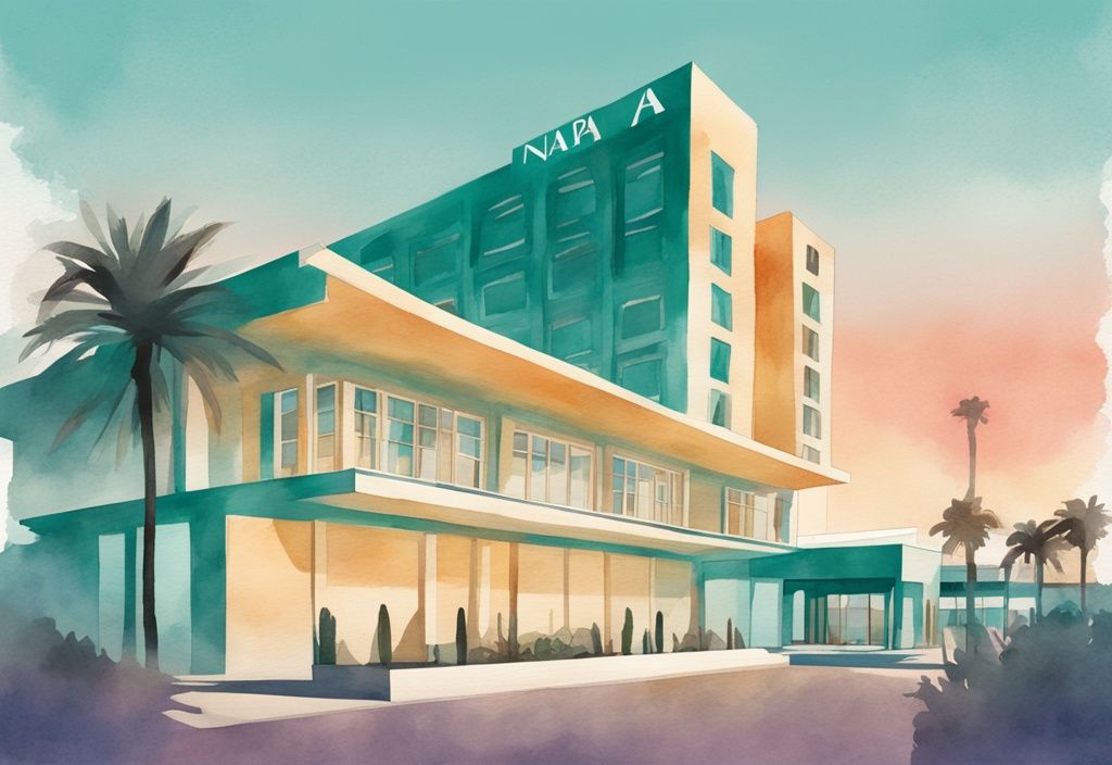 Minimalistisk akvarellillustration av Napa Plaza Hotel Ayia Napa i solnedgångens gyllene ljus, med vacker arkitektur och omgivande landskap i teal färgtema.