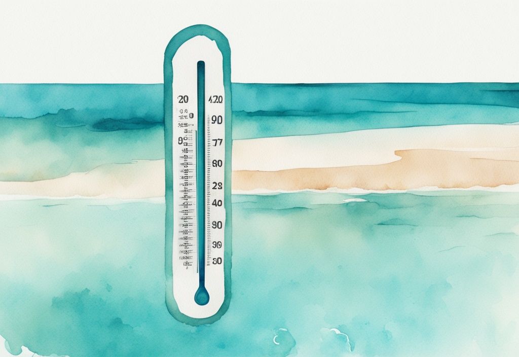 Minimalistisk akvarellillustration med en termometer delvis nedsänkt i det klara blå vattnet i Ayia Napa, som antyder behaglig vattentemperatur Ayia Napa.