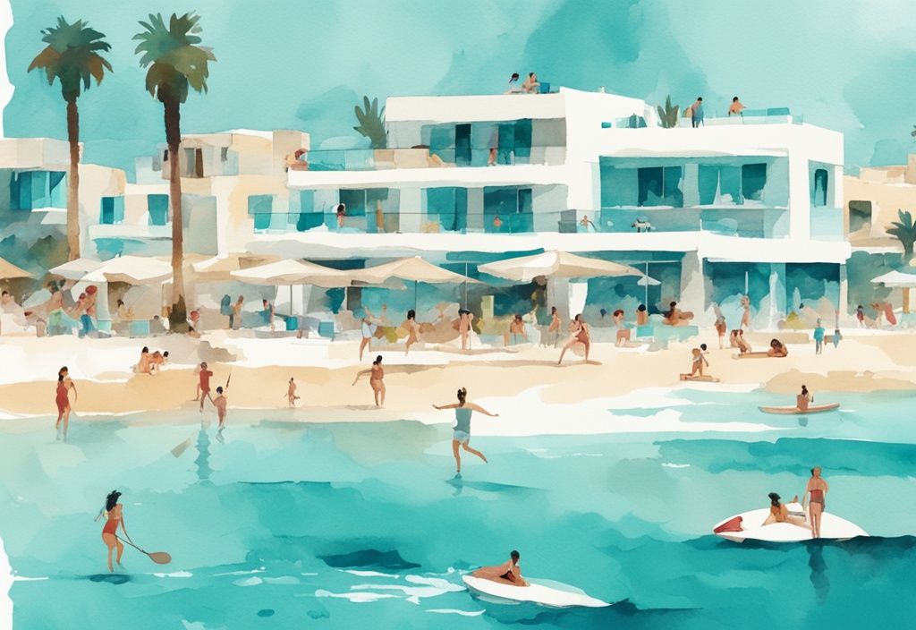 Minimalistisk akvarellillustration av Ayia Napa 2024 med människor som njuter av vattensporter i kristallklart hav och moderna pittoreska kustbyggnader i bakgrunden.