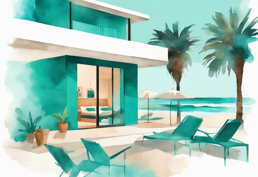 Minimalistisk akvarellillustration av ett modernt Airbnb i Ayia Napa, omgivet av nattliv och vackra stränder, med en färgpalett i teal.