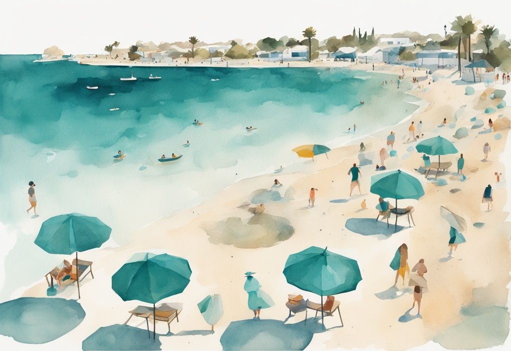 Minimalistisk akvarellillustration av Melissi Beach i Ayia Napa med turkos färgtema, semesterfirare njuter av det kristallklara vattnet under en solig himmel.