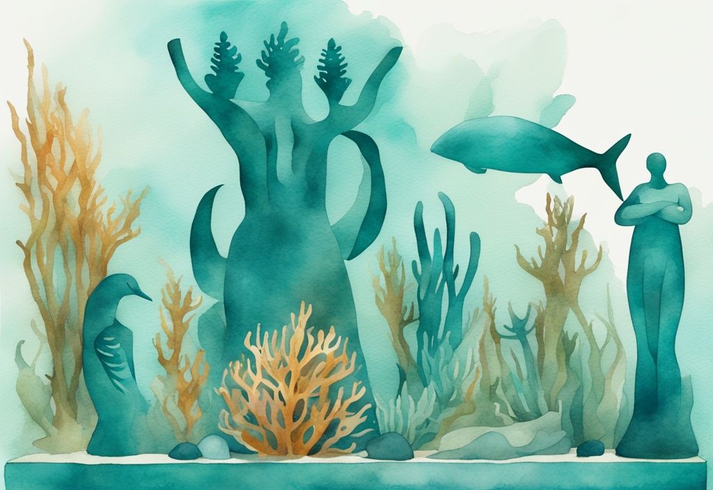 Minimalistisk akvarellillustration med teal färgtema som visar intrikata undervattenskulpturer och livfullt marint liv i Musan Museum of Underwater Sculpture Ayia Napa.