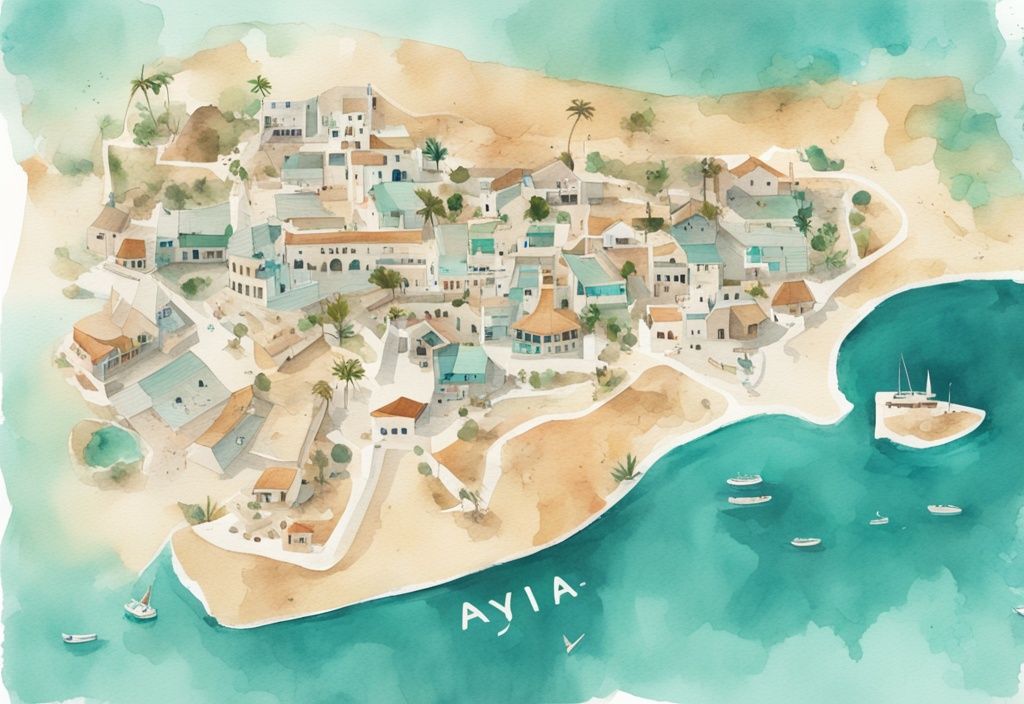 Minimalistisk akvarellillustration av en detaljerad och färgglad karta över Ayia Napa, som framhäver populära landmärken och sevärdheter i Cypern, med teal som huvudfärg.