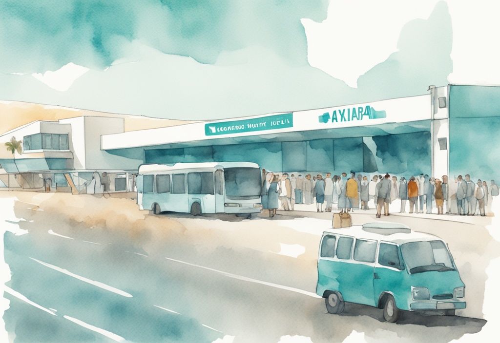 Minimalistisk akvarellillustration av Larnacas flygplats med en skylt för Ayia Napa och en luftkonditionerad buss redo för avresa, i tealfärg.