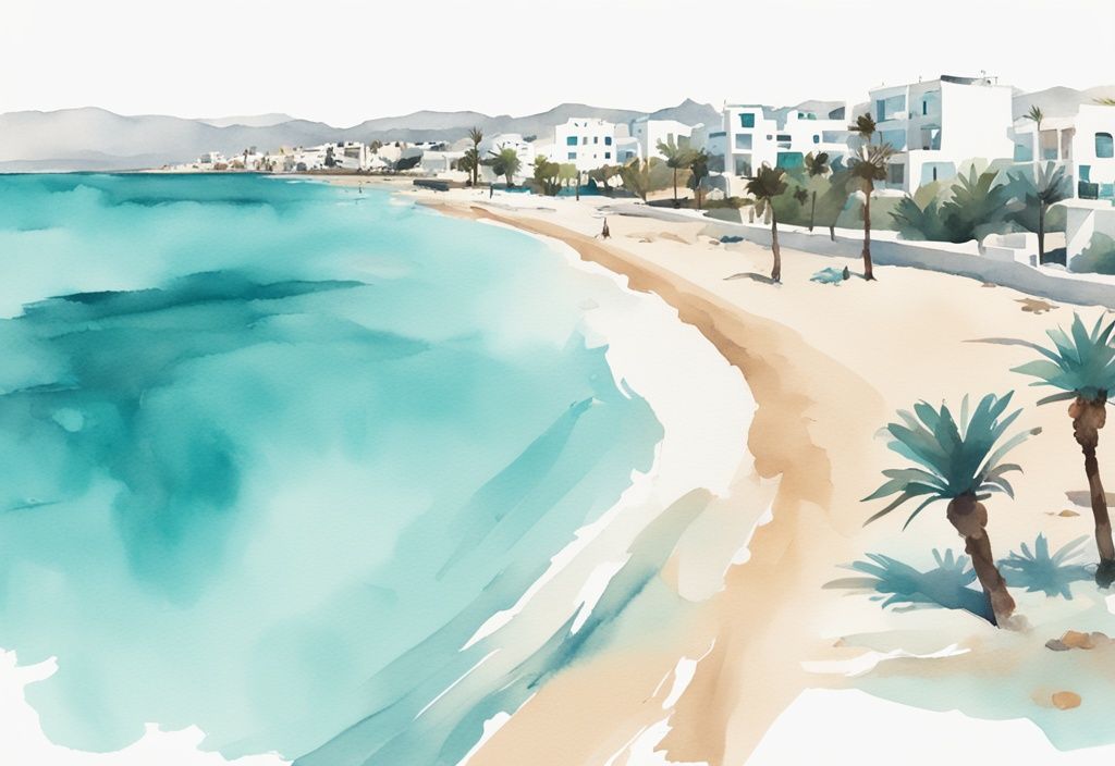 Minimalistisk akvarellillustration av Tofinis Ayia Napa i Cypern med blått vatten, sandstrand, palmer och vita byggnader i bakgrunden.