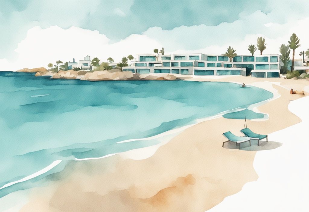 Minimalistisk akvarellillustration av Ayia Napa strand med TUI-resorter under en klar och solig himmel