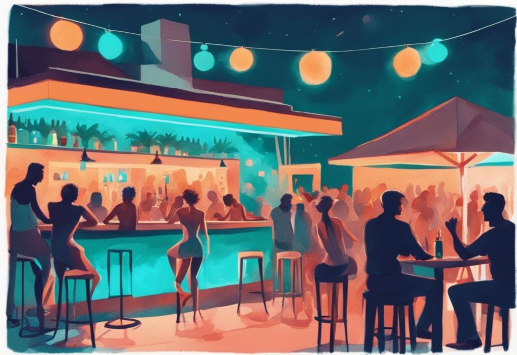 Minimalistisk akvarellillustration av människor som njuter på utomhusbarer och klubbar under neonljus i Ayia Napa, med huvudfärgen teal.