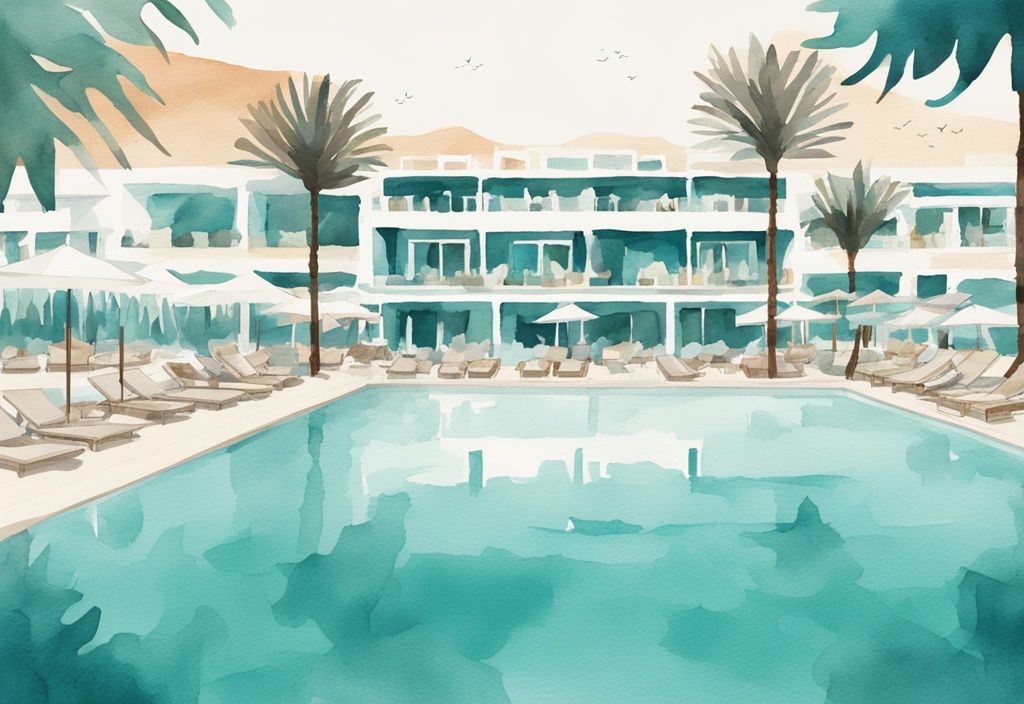 Minimalistisk akvarellillustration av lyxresort i Ayia Napa med gäster som njuter av pool, strand och buffé, ayia napa all inclusive.