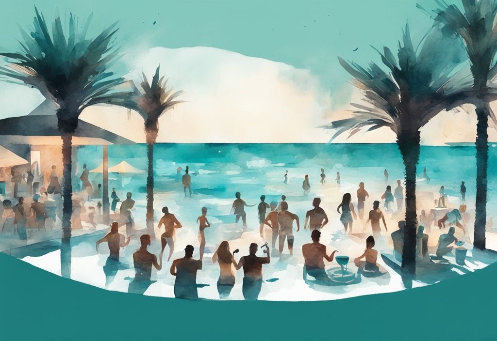 Minimalistisk akvarellillustration av Aqua Club Ayia Napa med människor som njuter av vattenaktiviteter, en DJ som spelar musik och den vackra oceanen i bakgrunden, huvudfärgen är teal.