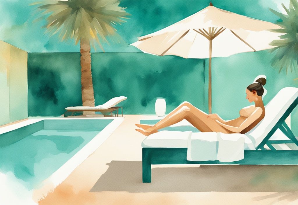 Minimalistisk akvarellillustration av ett utomhusspa i Ayia Napa med en professionell massör som ger behandling under palmernas skugga, huvudfärg tema teal.