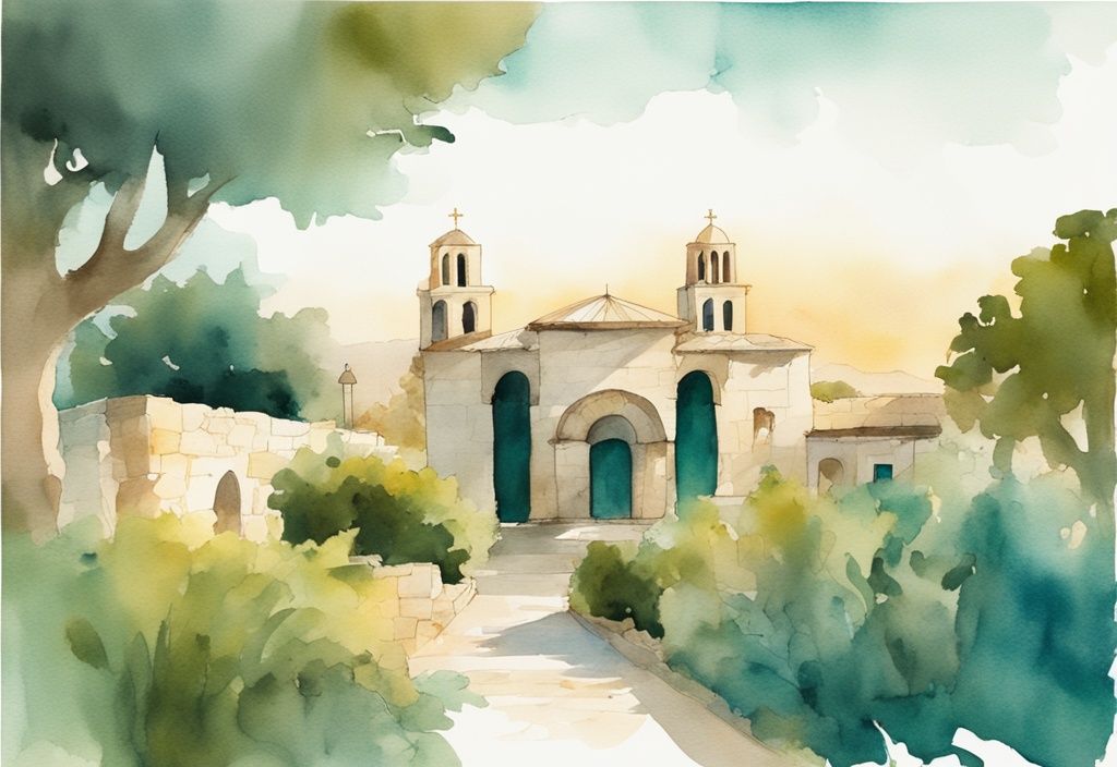 Minimalistisk akvarellillustration av Ayia Napa Monastery i solnedgångens varma, gyllene ljus, omgiven av frodig grönska i en lugn oas i en livlig stad.