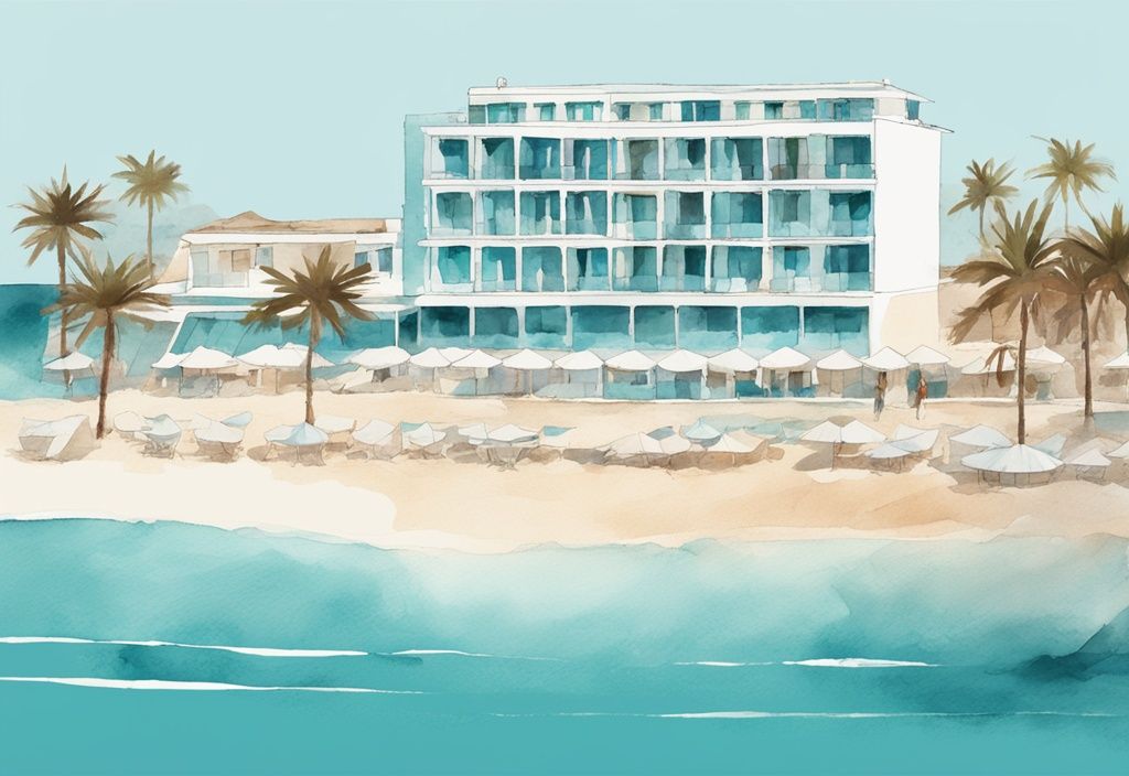 Minimalistisk akvarellillustration av Kai Beach Hotel i Ayia Napa med elegant arkitektur, vit sandstrand och azurblått hav, huvudfärgtema i teal.