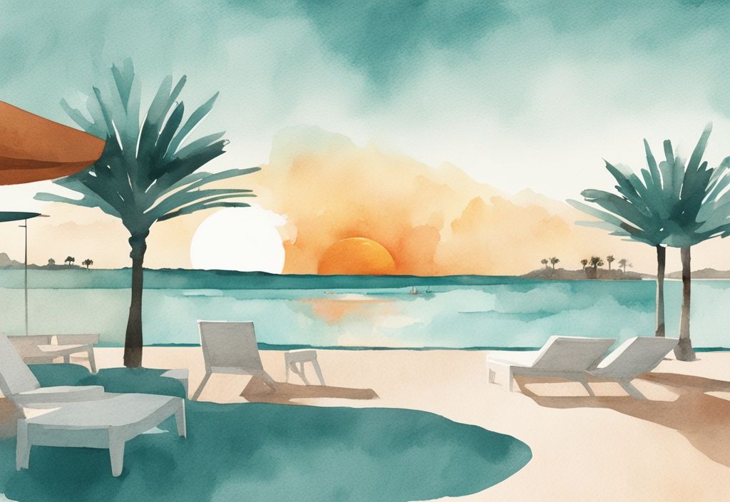 Minimalistisk akvarellillustration med solnedgång över TUI-resort i Ayia Napa, arkitektur och havsutsikt med turister, huvudsaklig färgtema teal.