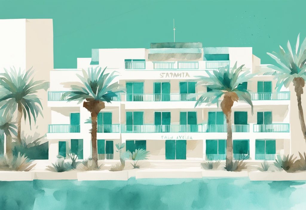 Minimalistisk akvarellillustration av Stamatia Hotel med teal färgtema, omgiven av palmer under Ayia Napas strålande sol.