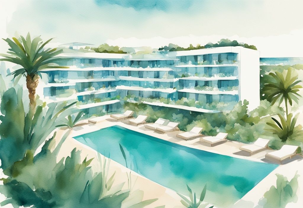 Minimalistisk akvarellillustration av Suites by Melpo Ayia Napa med teal färgtema, panoramautsikt under blå himmel och grönskande landskap.