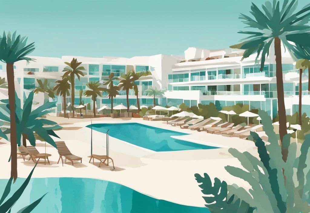 Minimalistisk akvarellillustration av Sunwing Resort i Ayia Napa med frodiga trädgårdar, inbjudande pooler och den glittrande Medelhavet i bakgrunden, med färgtema i teal.