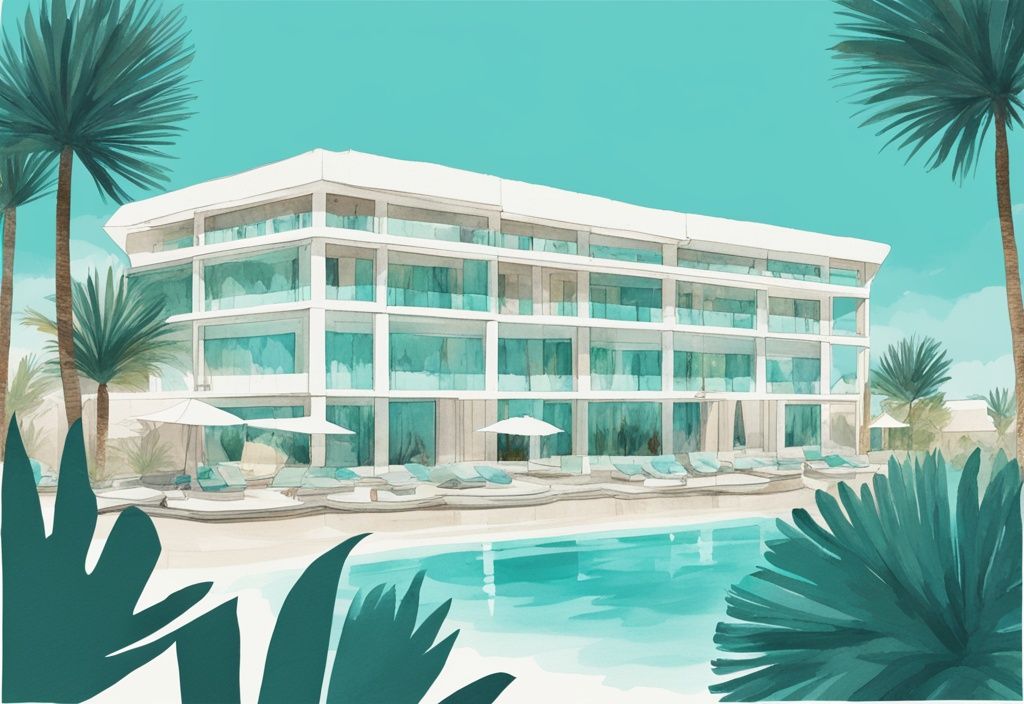 Minimalistisk akvarellillustration av lyxiga Eleana Hotel i Ayia Napa med fantastisk arkitektur, frodig palmbeklädd landskap och kristallklart turkost vatten.