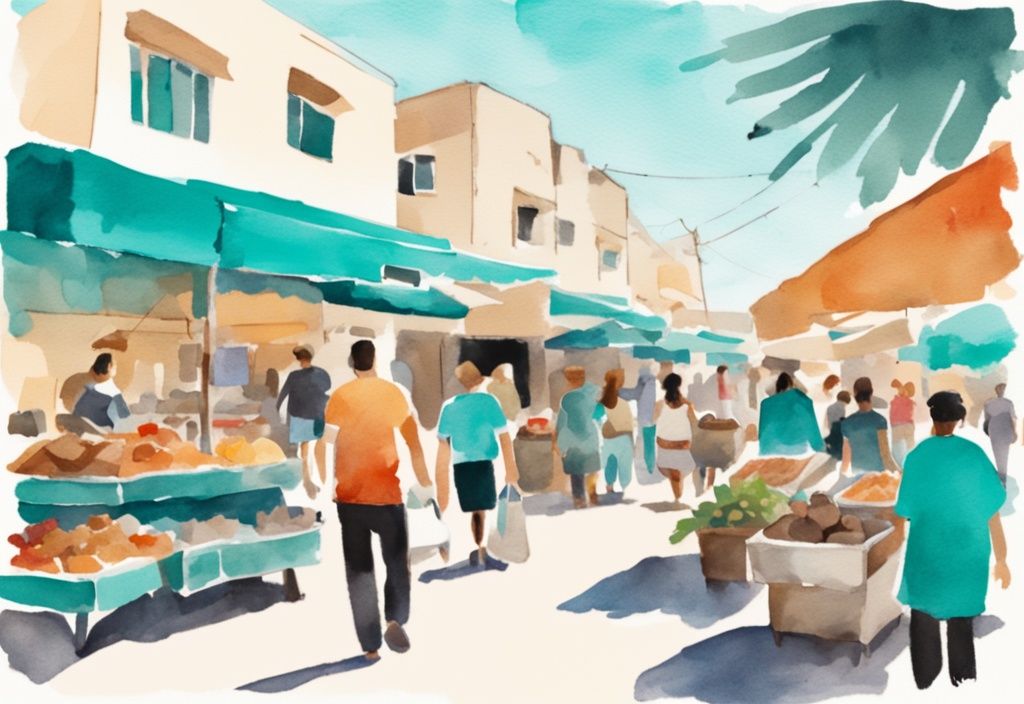 Minimalistisk akvarellillustration av en livlig marknadsscen i Ayia Napa, Cypern med synliga prislappar på lokala varor, turist souvenirer och exotisk mat, priser i cypern ayia napa.