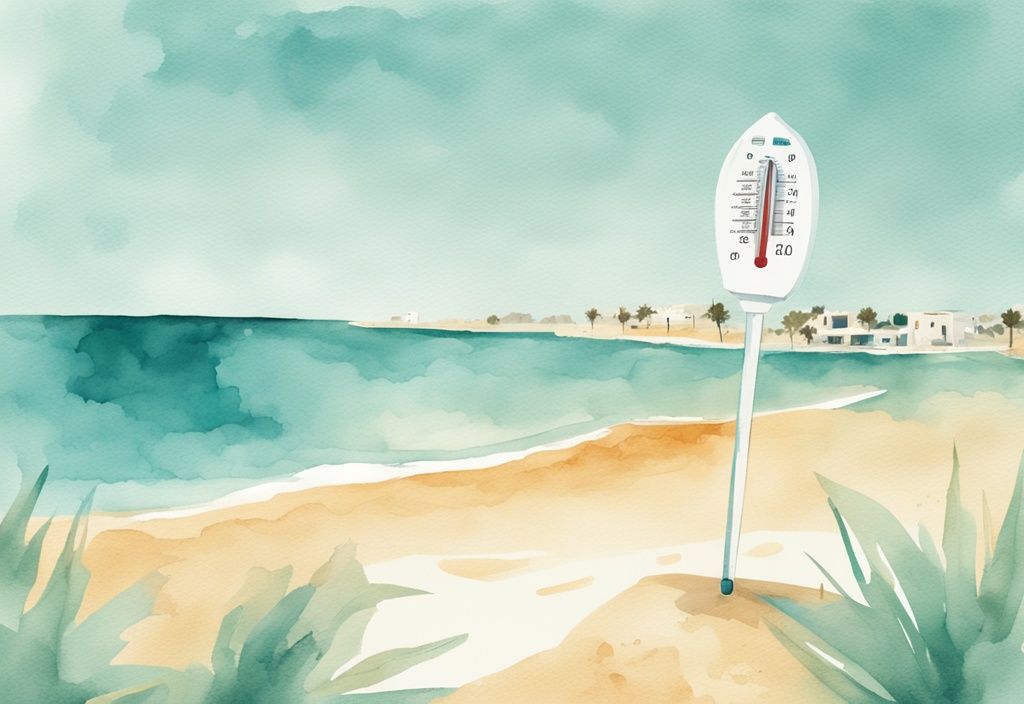 Minimalistisk akvarellillustration av en solig strandscen i Ayia Napa med en digital termometer som visar det varma vädret i juni, ayia napa väder juni.