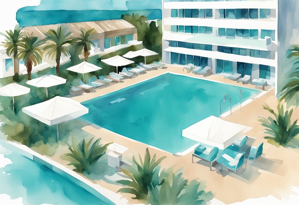 Minimalistisk akvarellillustration av Nestor Hotel i Ayia Napa, med modern arkitektur, livlig poolområde och frodiga omgivningar under klarblå himmel.