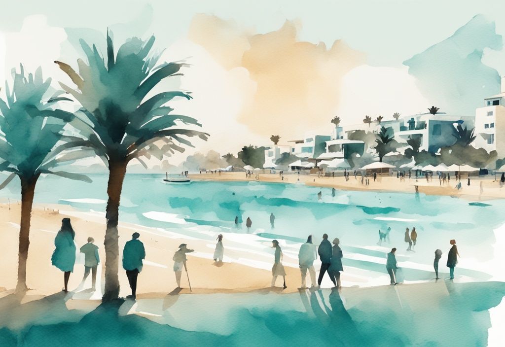 Minimalistisk akvarellillustration av Ayia Napa-stranden i november, med människor i ljusa kläder som njuter av det milda vädret, i färgtema teal.