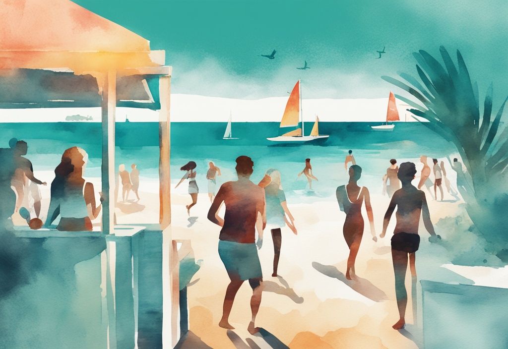 Minimalistisk akvarellillustration med turister som njuter av vattensporter på Nissi Beach, utforskar Thalassa-museet och dansar på en nattklubb, mot Ayia Napas ikoniska kustlinje; att göra i Ayia Napa.