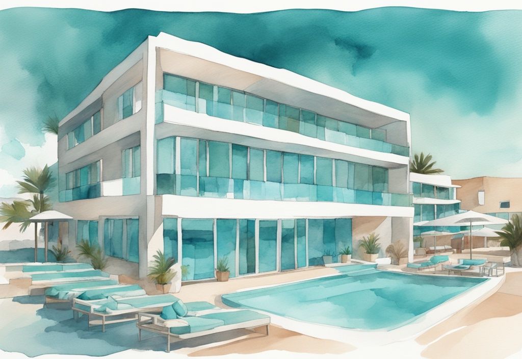 Minimalistisk akvarellillustration av Amarande Ayia Napa hotell med modern arkitektur och Medelhavet i bakgrunden.