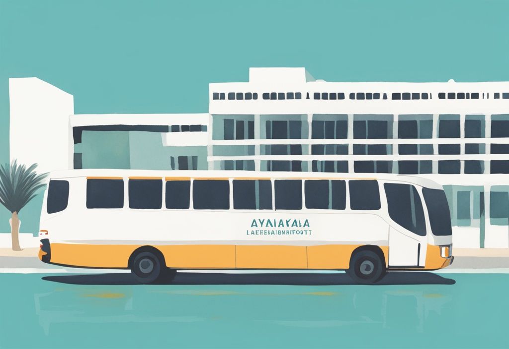 Minimalistisk akvarellillustration av en buss från Larnaca flygplats till Ayia Napa med en klar medelhavshimmel i bakgrunden.