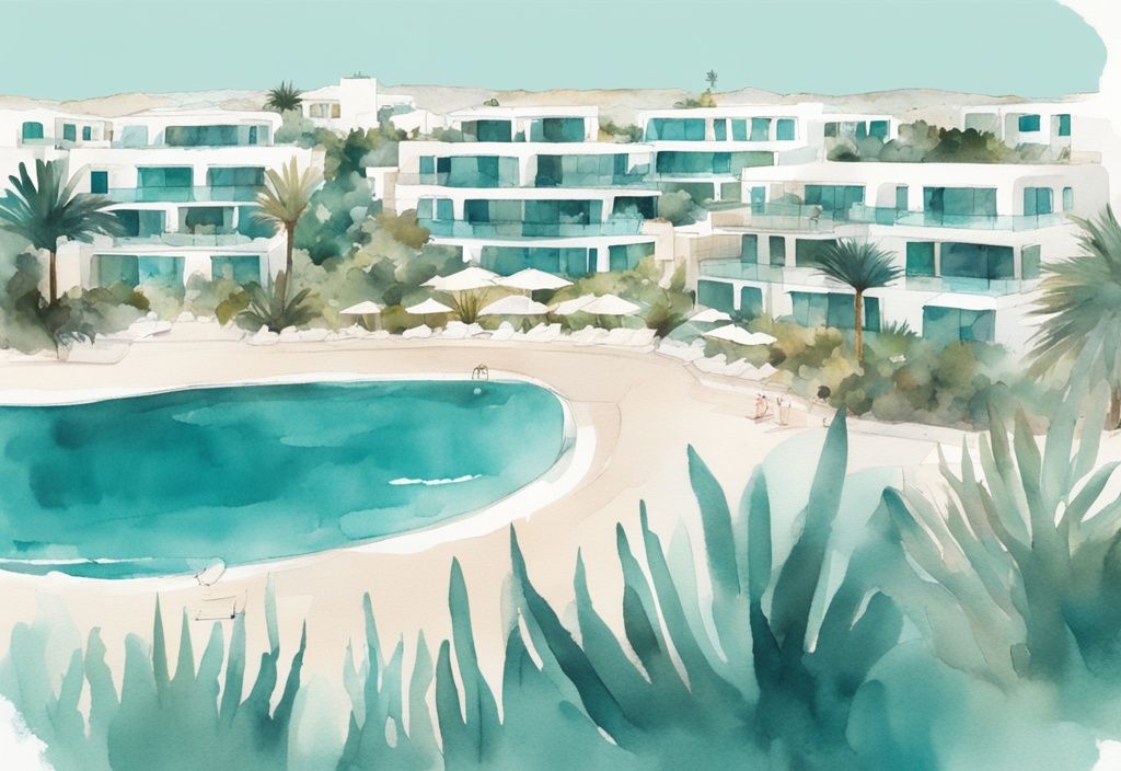 Minimalistisk akvarellillustration av Atlantica Mare Village Ayia Napa med strandvillor, stora pooler och frodiga trädgårdar mot Medelhavet.