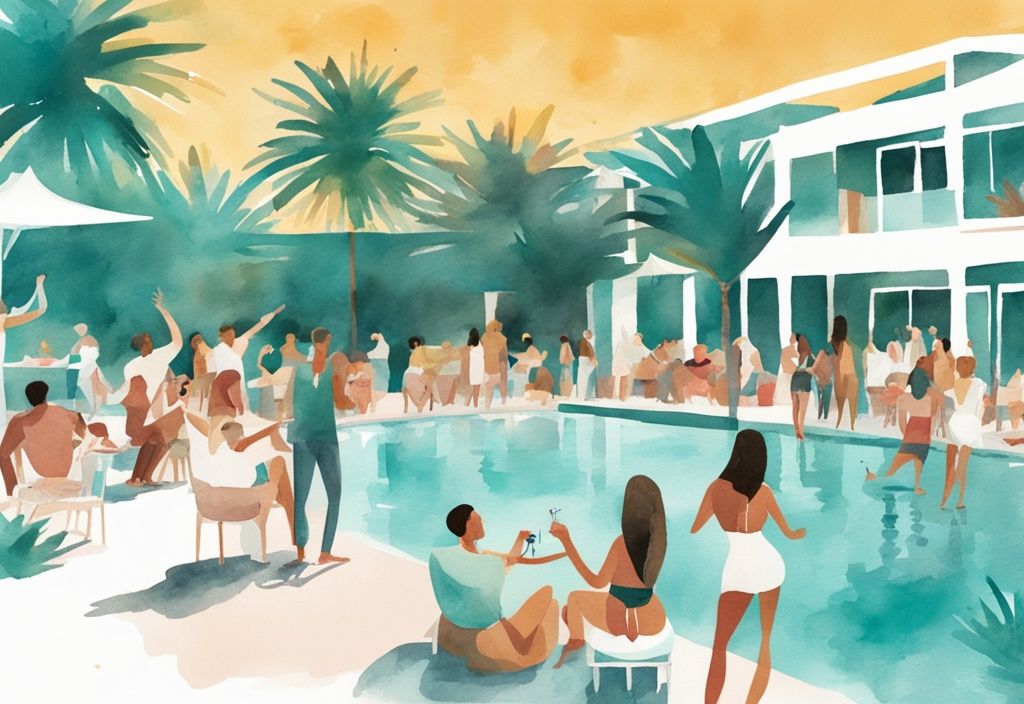 Minimalistisk akvarellillustration av en livlig poolfest på Pambos, Ayia Napa med energiska ungdomar som dansar, socialiserar och njuter av cocktails under den strålande solen.