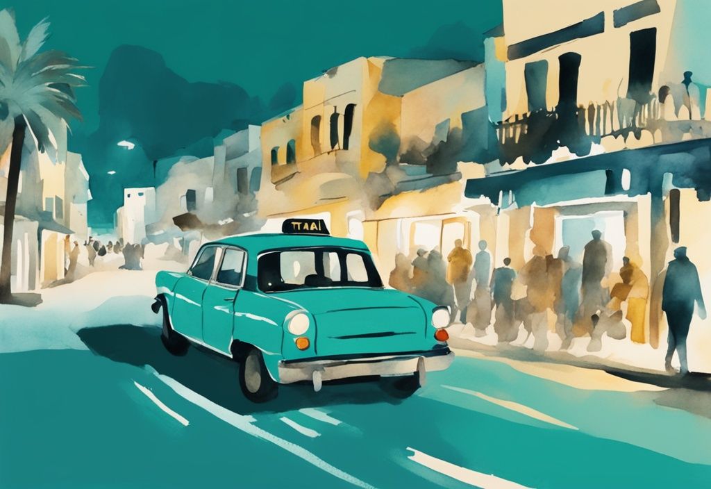 Minimalistisk akvarellillustration av en taxi i Ayia Napa som kör längs en livlig nattgata, med huvudfärgen teal.