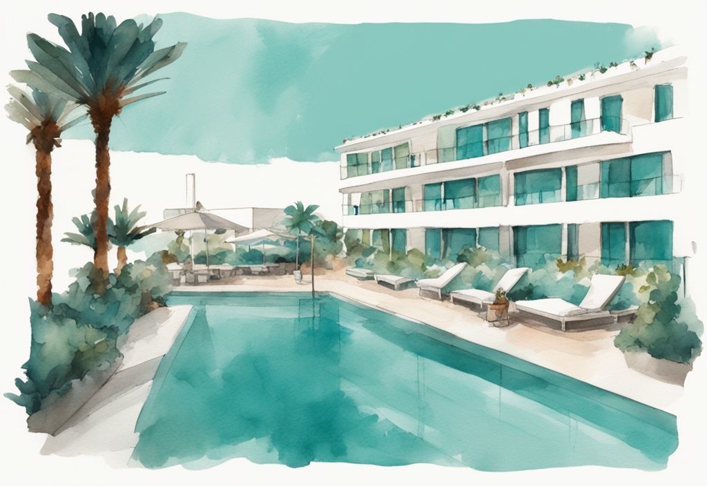 Minimalistisk akvarellillustration av Nestor Hotel Ayia Napa med fantastisk arkitektur, frodiga trädgårdar och närliggande strand, i huvudsakliga färgtemat teal.