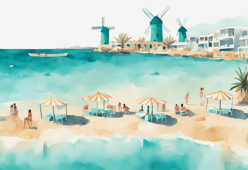 Minimalistisk akvarellillustration av en livlig strandscen i Ayia Napa med solbadare, kristallklart vatten, ikoniska väderkvarnar och ett livligt nattliv i tema av teal.