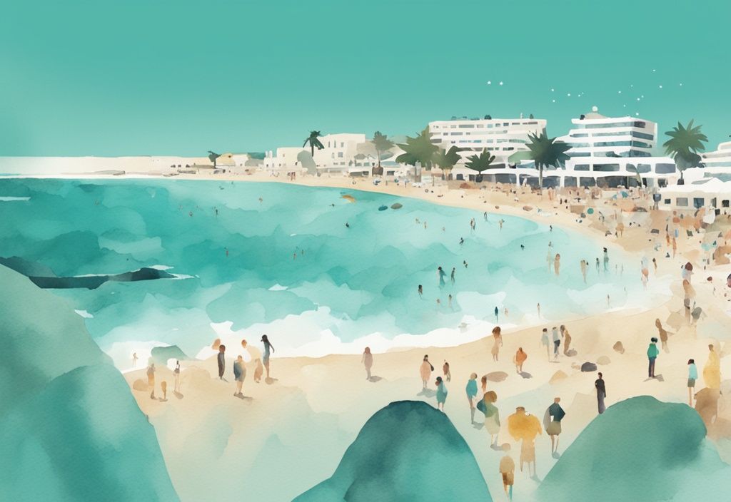 Minimalistisk akvarellillustration av Ayia Napa strand fylld med turister och en digital klocka som räknar ner, symboliserar sista minuten Ayia Napa resa.