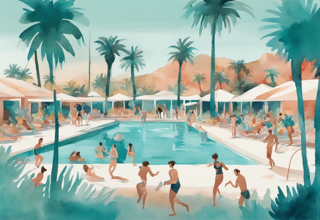 Minimalistisk akvarellillustration med festdeltagare i en livlig pool omgiven av palmer, med det berömda Pambos Napa Rocks hotellet i bakgrunden, i en färgpalett av teal.