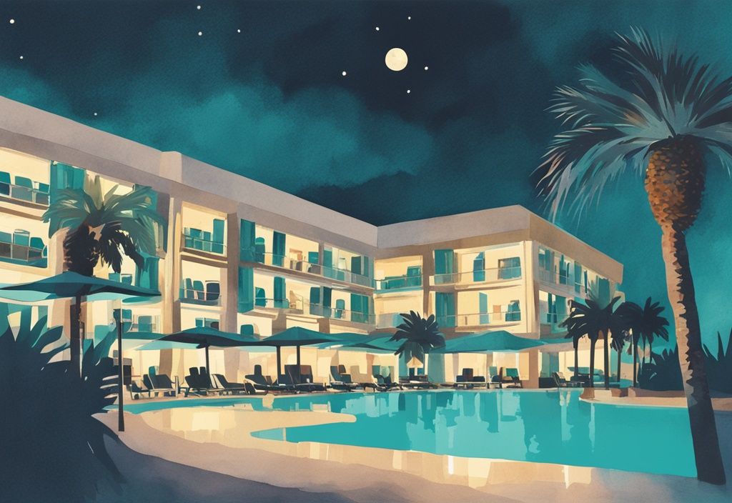 Minimalistisk akvarellillustration av Napa Plaza Hotel i Ayia Napa, nattbelysning, omgiven av palmer, huvudsaklig färgtema teal.