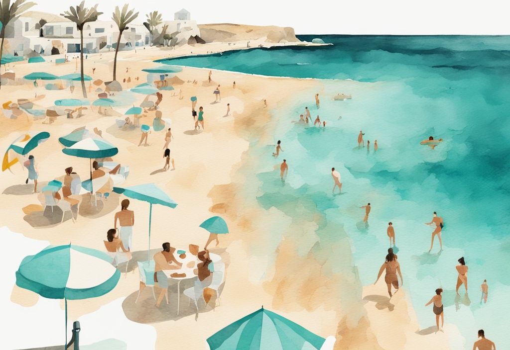 Minimalistisk akvarellillustration av solig strand i Ayia Napa med kristallklart turkost vatten, gyllene sand, parasoller och människor som njuter av olika vattenaktiviteter.