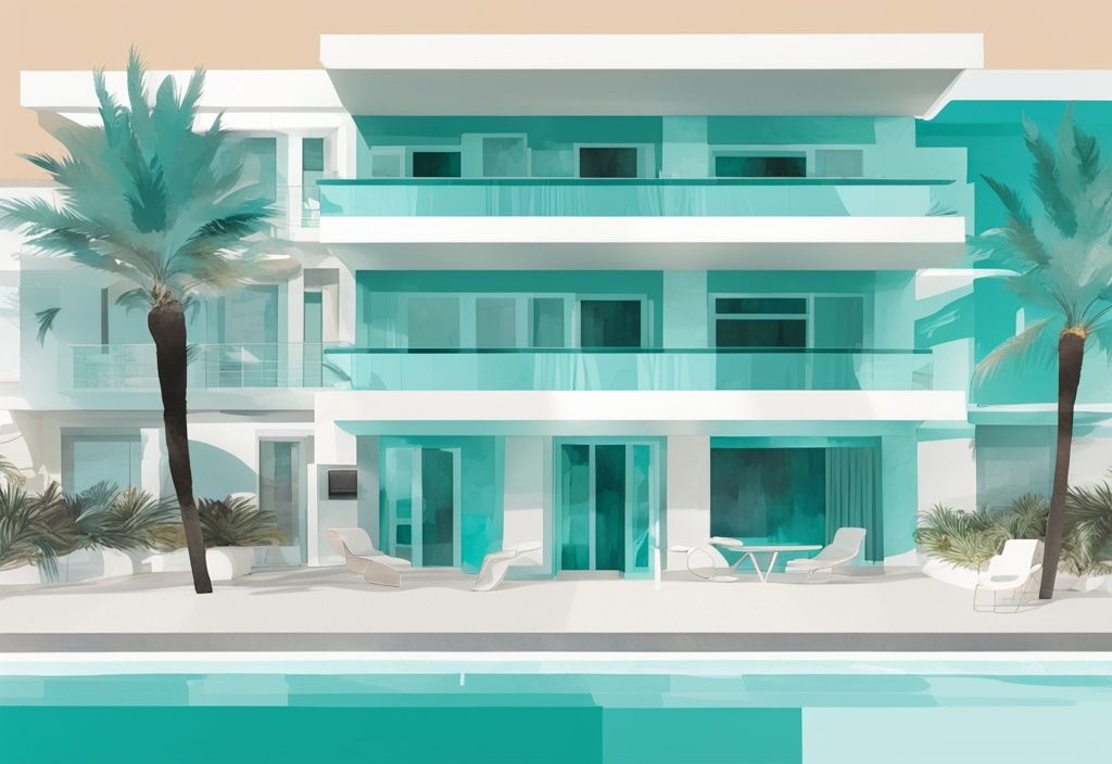 Minimalistisk akvarellillustration av Nicholas Color Hotel i Ayia Napa med färgtema i teal som framhäver hotellets unika färgtematiska arkitektur.