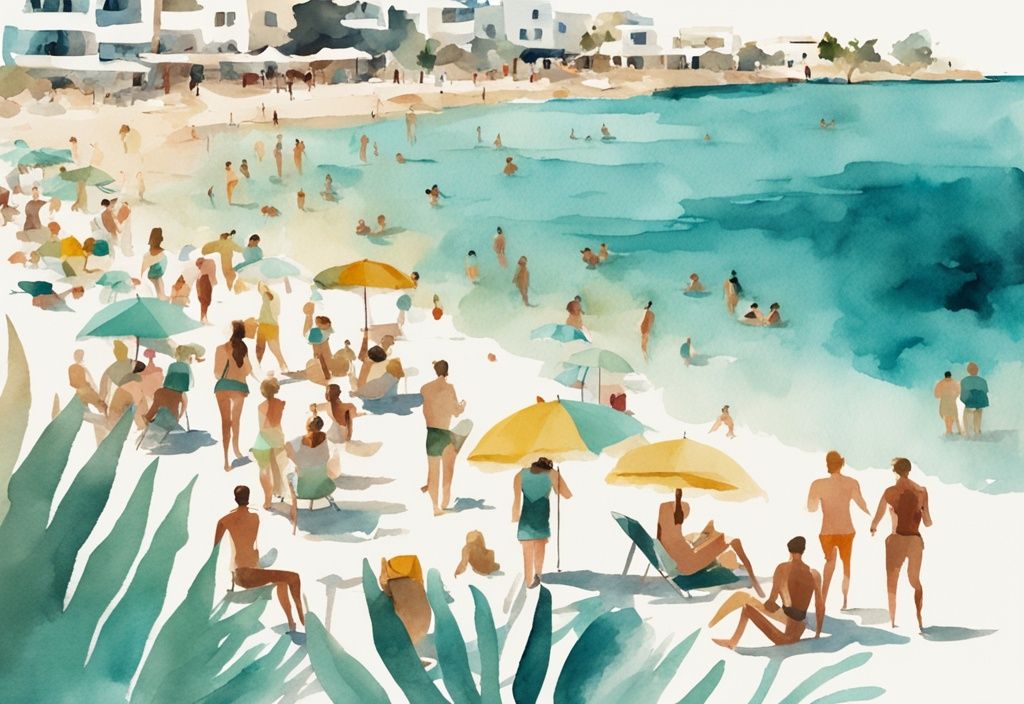 Minimalistisk akvarellillustration av Ayia Napas soliga strand fylld med turister i augusti, med huvudfärgen teal.