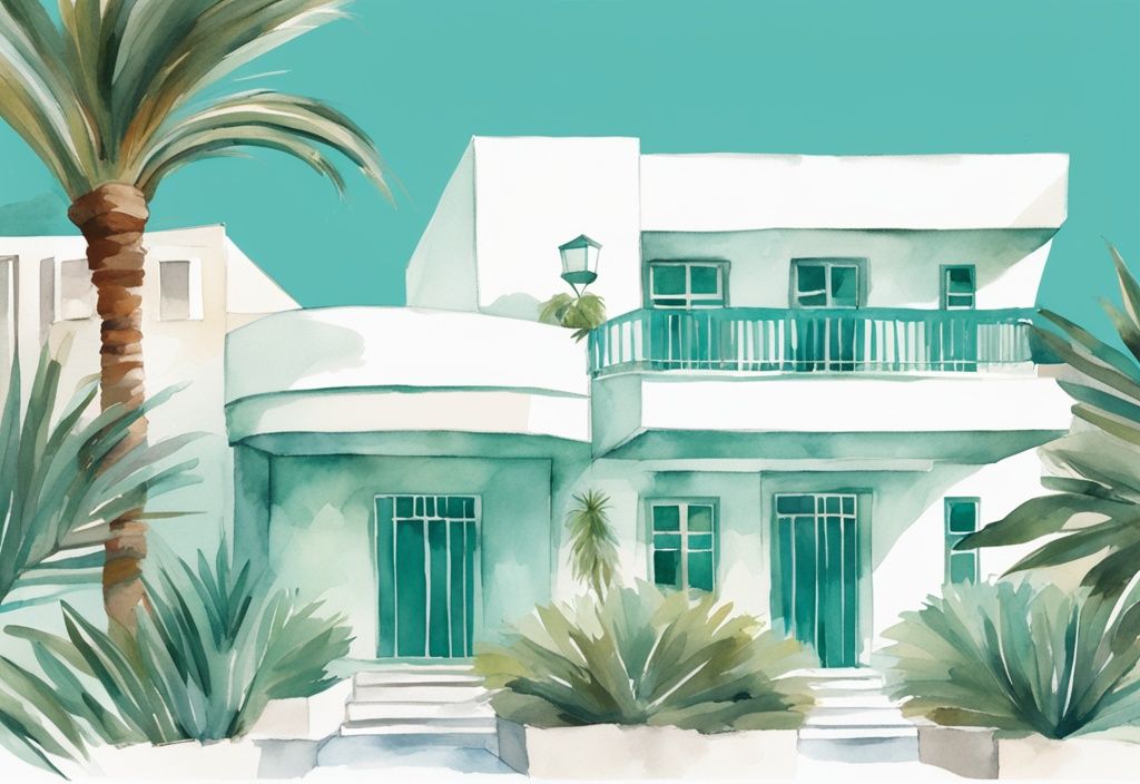 Minimalistisk akvarellillustration av Faros Hotel Ayia Napa med tropiska växter och klar himmel i teal färgtema.