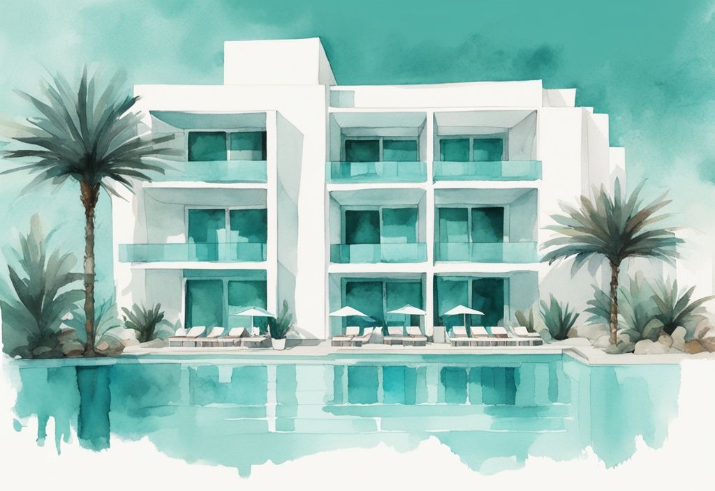 Minimalistisk akvarellillustration av Margadina Hotel Ayia Napa med modern arkitektur, vacker poolområde och omgivande tropisk flora i teal färgtema.