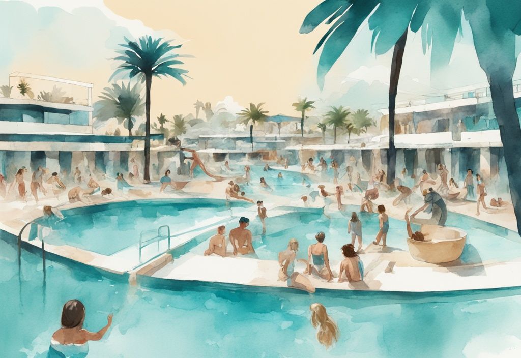 Minimalistisk akvarellillustration av en spännande dag på WaterWorld Ayia Napa med familjer som njuter av vattenrutschbanor och pooler, med forntida grekiska dekorationer i bakgrunden.