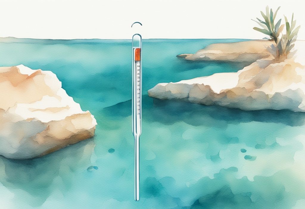 Minimalistisk akvarellillustration av en termometer delvis nedsänkt i det klara blå vattnet i Ayia Napa, vilket antyder behagliga, varma vattentemperaturer. Nyckelord: vattentemperatur ayia napa.