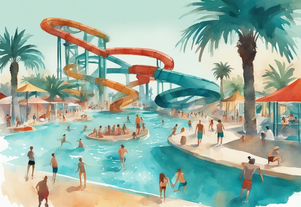 Minimalistisk akvarellillustration av glada besökare på vattenrutschbanor och attraktioner i tropisk miljö på WaterWorld Ayia Napa, med huvudfärgen teal.