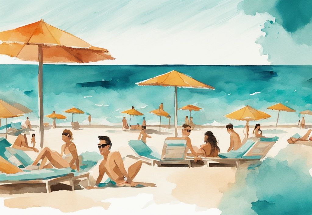 Minimalistisk akvarellillustration av Ocean Beach Club Ayia Napa med semesterfirare under färgglada parasoller, simmande i det blå havet och njutande av livliga strandaktiviteter.