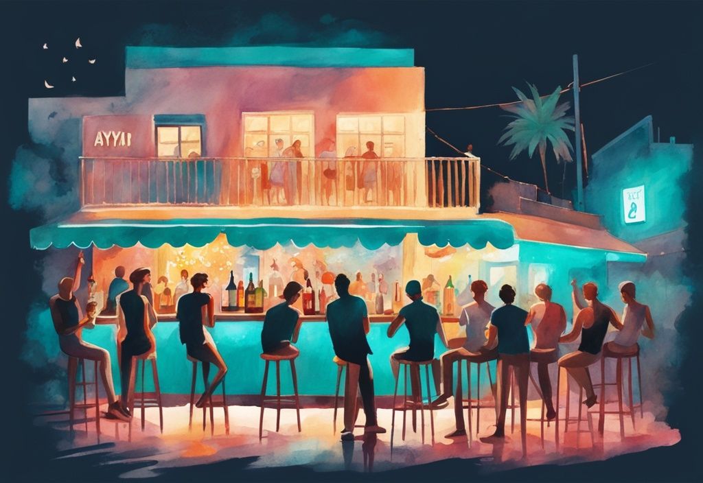 Minimalistisk akvarellillustration av Ayia Napa Bar Street med människor som njuter av drinkar, neonljus och musik från pubarna.